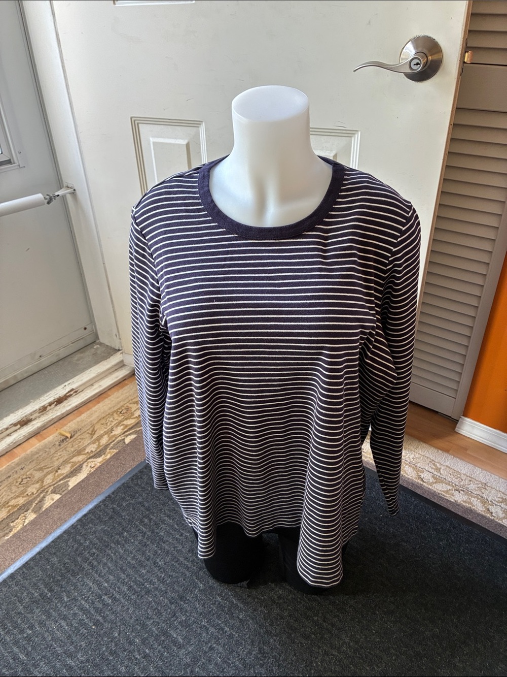 Lands' End Navy and White Striped Long Sleeve Tee